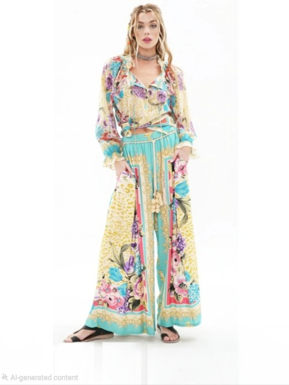 Aratta Silent Journey Artisan Leopard Multicolor Floral 2 Pc Set Women's Sz M